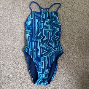 Blue patterned speedo endurance women’s competitive swimsuit size 8/34